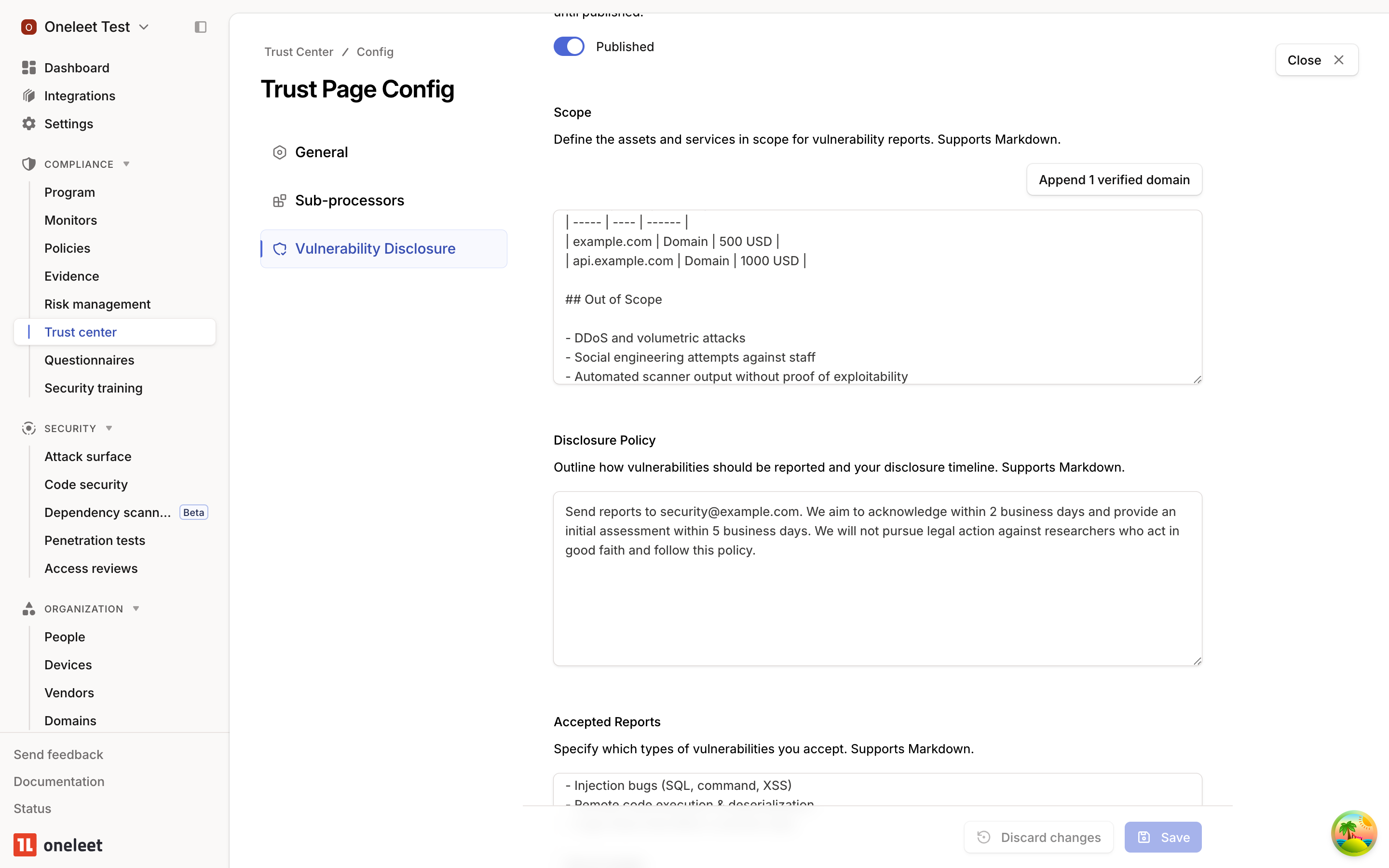 VDP configure page with the Publish toggle, four editors, and the Save button