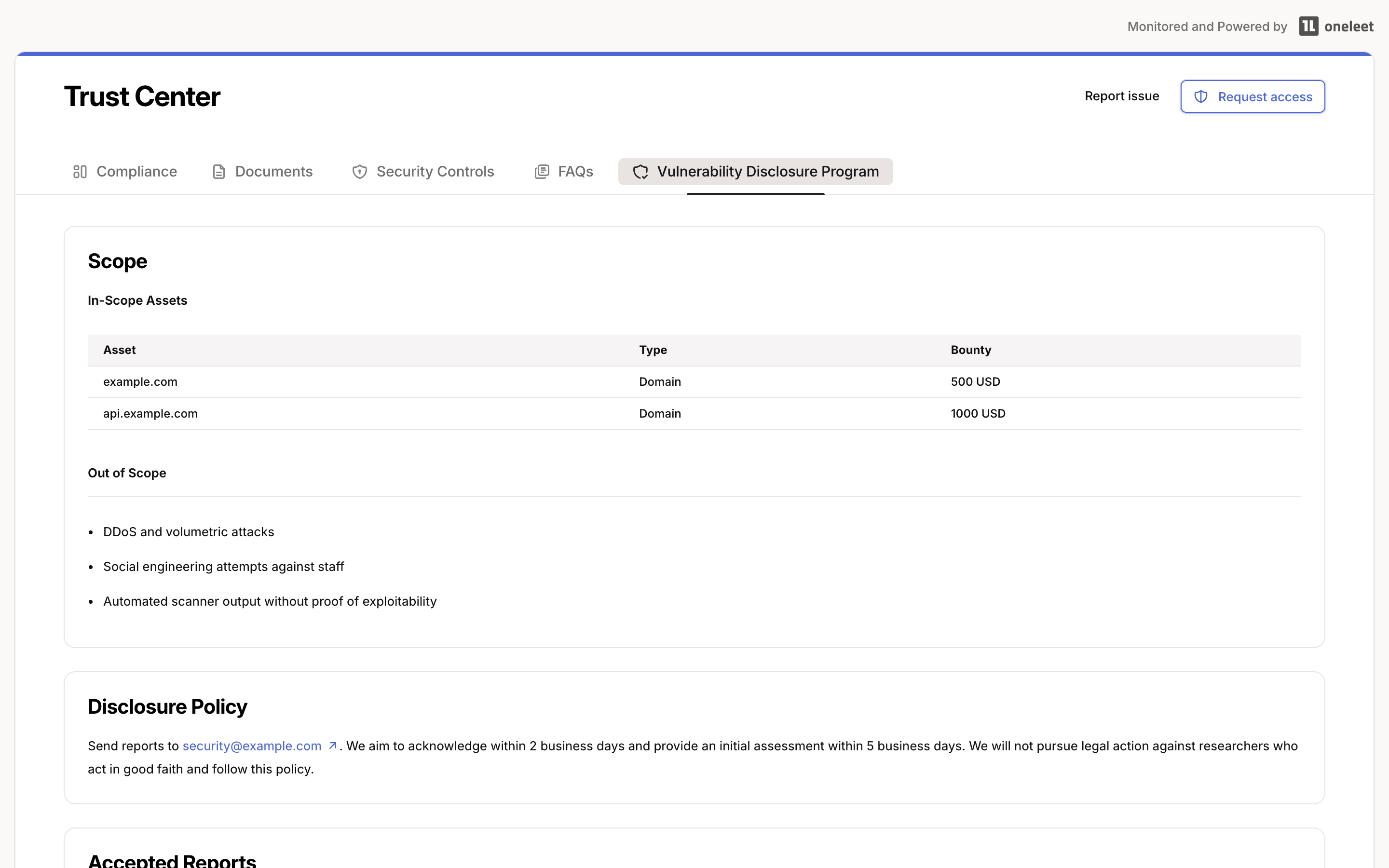Rendered VDP tab on the public trust page